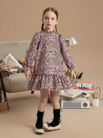 PrepCrw Young Girls Collegiate Brown Leopard Print Woven Loose Ruffle Collar Dress For Autumn/Winter