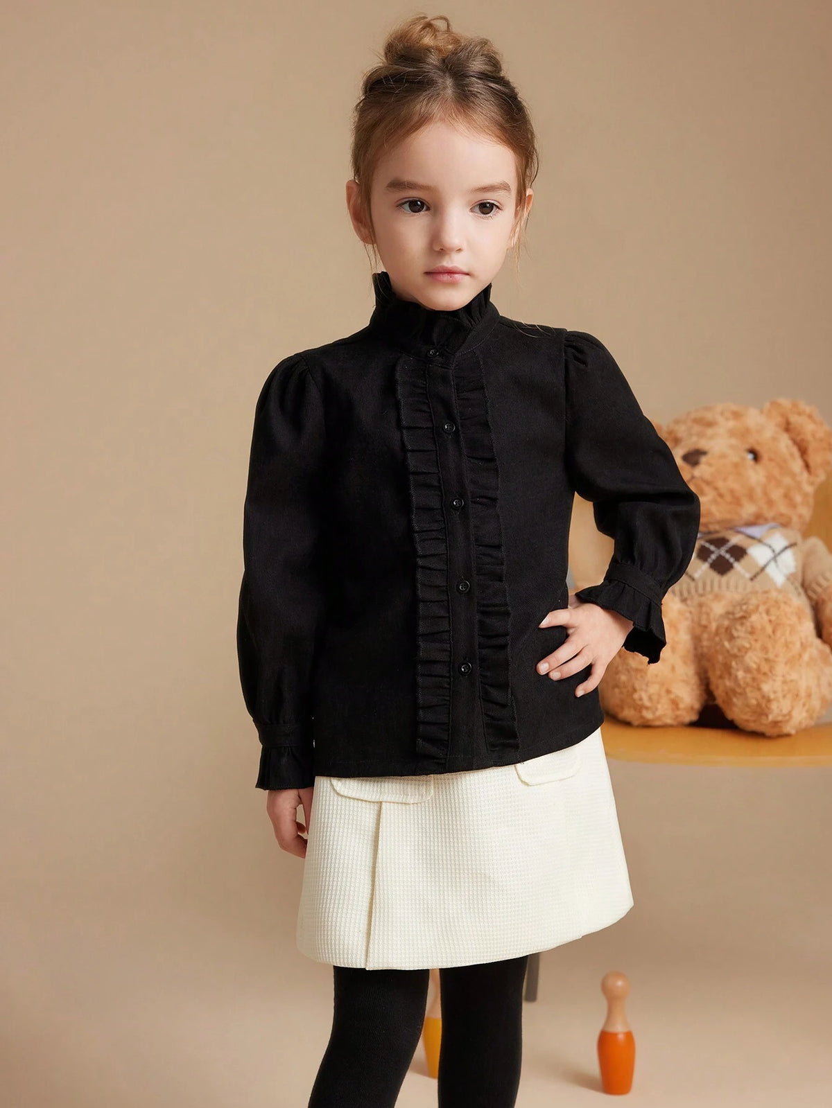 PrepCrw Young Girls Collegiate Style Black Woven Fitted Ruffle Collar Long Sleeve Shirt, Autumn/Winter