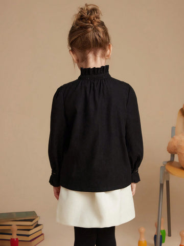 PrepCrw Young Girls Collegiate Style Black Woven Fitted Ruffle Collar Long Sleeve Shirt, Autumn/Winter