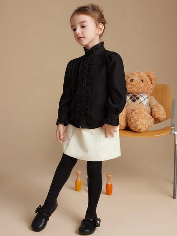 PrepCrw Young Girls Collegiate Style Black Woven Fitted Ruffle Collar Long Sleeve Shirt, Autumn/Winter