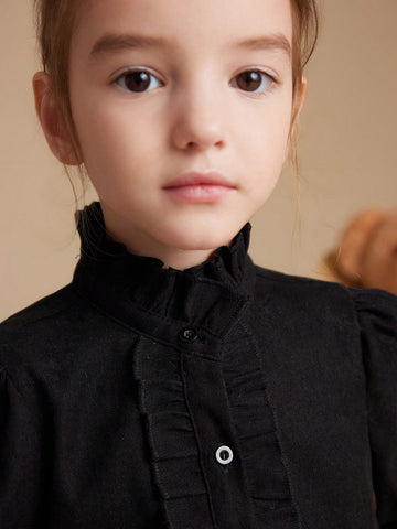 PrepCrw Young Girls Collegiate Style Black Woven Fitted Ruffle Collar Long Sleeve Shirt, Autumn/Winter