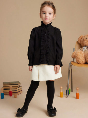 PrepCrw Young Girls Collegiate Style Black Woven Fitted Ruffle Collar Long Sleeve Shirt, Autumn/Winter
