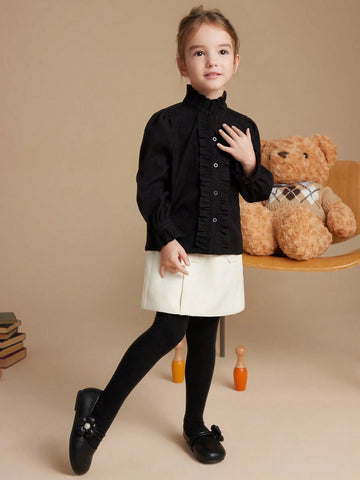 PrepCrw Young Girls Collegiate Style Black Woven Fitted Ruffle Collar Long Sleeve Shirt, Autumn/Winter