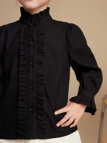 PrepCrw Young Girls Collegiate Style Black Woven Fitted Ruffle Collar Long Sleeve Shirt, Autumn/Winter