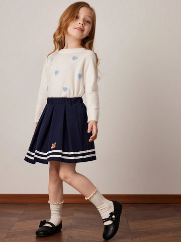 PrepCrw Young Girls Collegiate Style Navy Elastic Waist Woven Wide Hem Skirt, Spring & Autumn