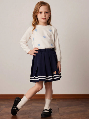 PrepCrw Young Girls Collegiate Style Navy Elastic Waist Woven Wide Hem Skirt, Spring & Autumn
