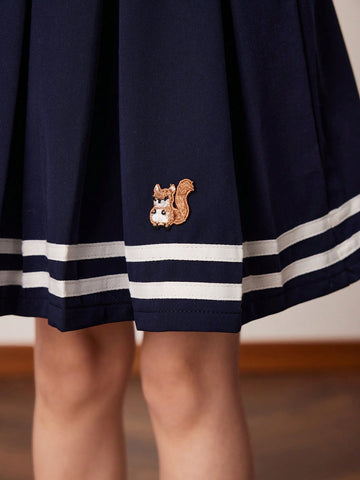 PrepCrw Young Girls Collegiate Style Navy Elastic Waist Woven Wide Hem Skirt, Spring & Autumn