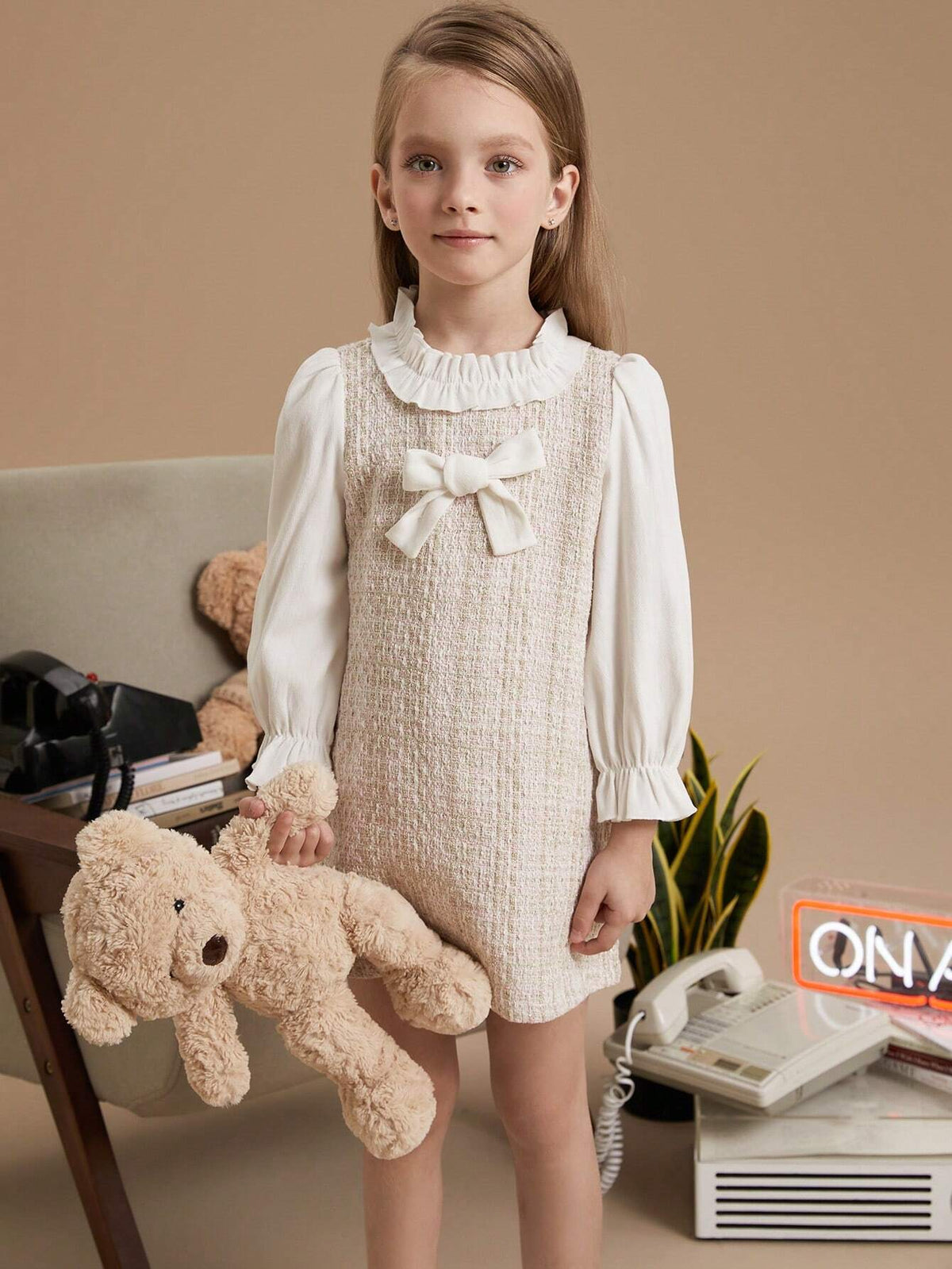 PrepCrw Young Girls' Collegiate Style Pink Bow Decor Loose Woven 2 In 1 Dress, Autumn/Winter