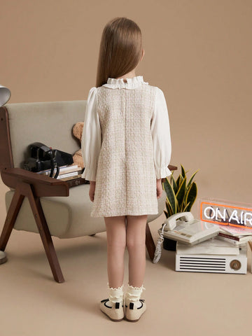 PrepCrw Young Girls' Collegiate Style Pink Bow Decor Loose Woven 2 In 1 Dress, Autumn/Winter