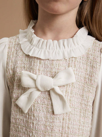 PrepCrw Young Girls' Collegiate Style Pink Bow Decor Loose Woven 2 In 1 Dress, Autumn/Winter