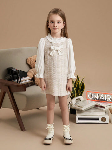 PrepCrw Young Girls' Collegiate Style Pink Bow Decor Loose Woven 2 In 1 Dress, Autumn/Winter