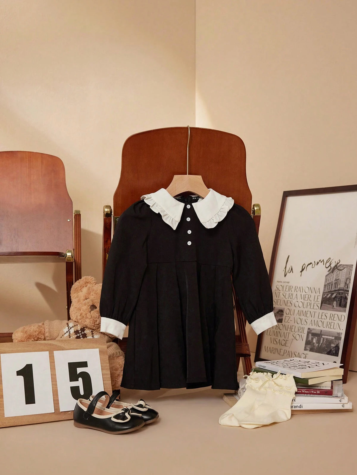 PrepCrw Young Girls Cute Color Block Puff Sleeve Collared Dress, Autumn