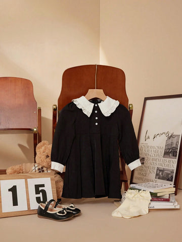 PrepCrw Young Girls Cute Color Block Puff Sleeve Collared Dress, Autumn