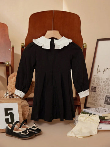 PrepCrw Young Girls Cute Color Block Puff Sleeve Collared Dress, Autumn