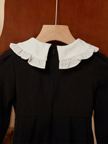 PrepCrw Young Girls Cute Color Block Puff Sleeve Collared Dress, Autumn