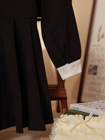 PrepCrw Young Girls Cute Color Block Puff Sleeve Collared Dress, Autumn