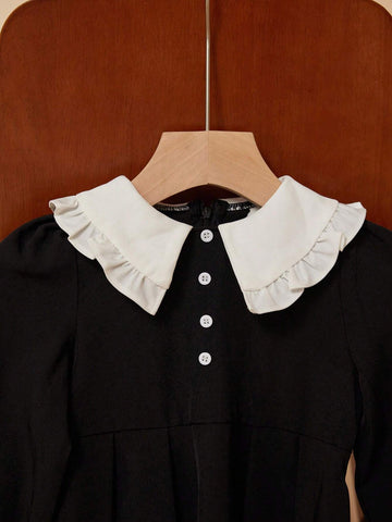 PrepCrw Young Girls Cute Color Block Puff Sleeve Collared Dress, Autumn