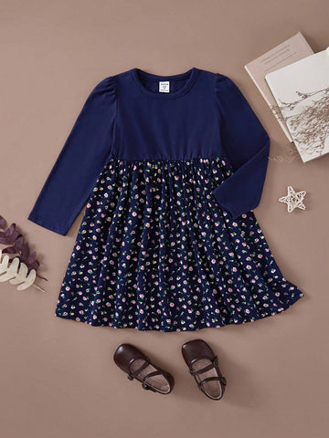 PrepCrw Young Girls' Cute Ditsy Floral Mixed Knit A-Line Dress With Puff Sleeves, Round Neck, Navy, Suitable For Spring Autumn