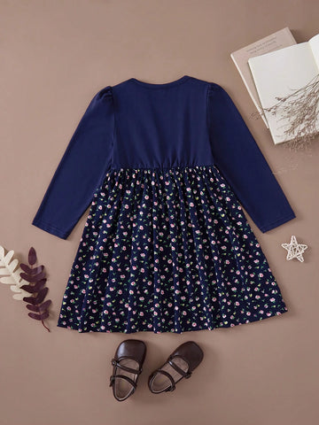 PrepCrw Young Girls' Cute Ditsy Floral Mixed Knit A-Line Dress With Puff Sleeves, Round Neck, Navy, Suitable For Spring Autumn