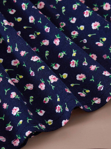 PrepCrw Young Girls' Cute Ditsy Floral Mixed Knit A-Line Dress With Puff Sleeves, Round Neck, Navy, Suitable For Spring Autumn