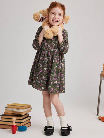 PrepCrw Young Girls Cute Floral Printed Collared A-Line Waisted Dress With Ruffle Hem, Suitable For Spring And Autumn