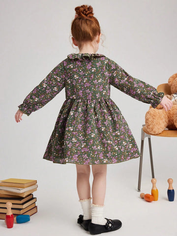 PrepCrw Young Girls Cute Floral Printed Collared A-Line Waisted Dress With Ruffle Hem, Suitable For Spring And Autumn
