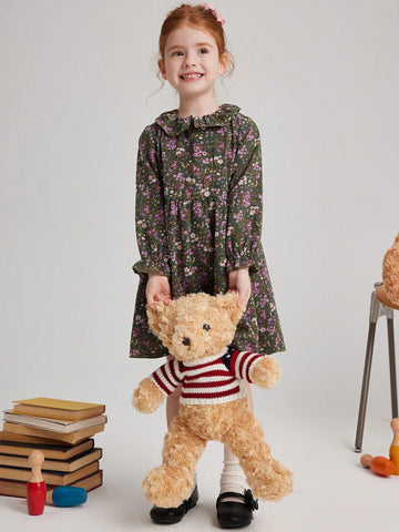 PrepCrw Young Girls Cute Floral Printed Collared A-Line Waisted Dress With Ruffle Hem, Suitable For Spring And Autumn
