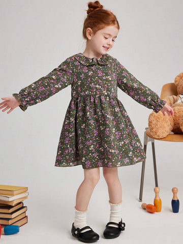 PrepCrw Young Girls Cute Floral Printed Collared A-Line Waisted Dress With Ruffle Hem, Suitable For Spring And Autumn