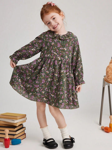 PrepCrw Young Girls Cute Floral Printed Collared A-Line Waisted Dress With Ruffle Hem, Suitable For Spring And Autumn