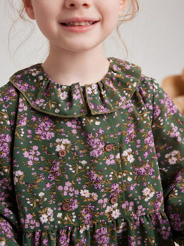 PrepCrw Young Girls Cute Floral Printed Collared A-Line Waisted Dress With Ruffle Hem, Suitable For Spring And Autumn