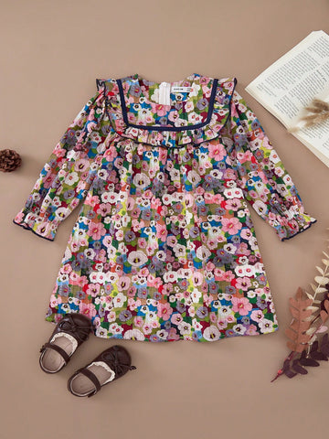 PrepCrw Young Girls Ditsy Floral Loose A-Line Round Neck Ruffle Hem Woven Dress, Suitable For Spring And Autumn