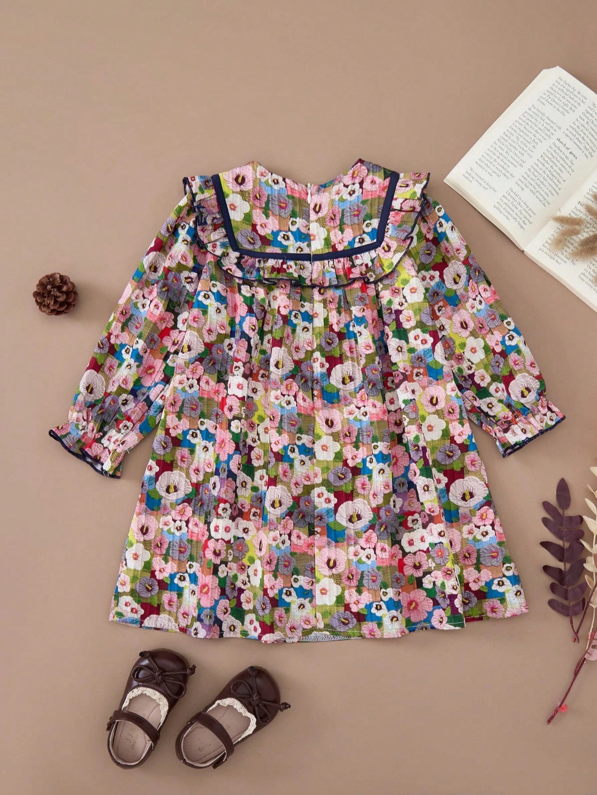 PrepCrw Young Girls Ditsy Floral Loose A-Line Round Neck Ruffle Hem Woven Dress, Suitable For Spring And Autumn