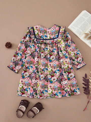 PrepCrw Young Girls Ditsy Floral Loose A-Line Round Neck Ruffle Hem Woven Dress, Suitable For Spring And Autumn
