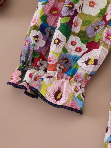 PrepCrw Young Girls Ditsy Floral Loose A-Line Round Neck Ruffle Hem Woven Dress, Suitable For Spring And Autumn