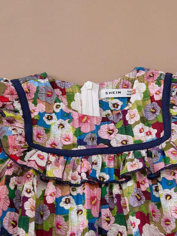 PrepCrw Young Girls Ditsy Floral Loose A-Line Round Neck Ruffle Hem Woven Dress, Suitable For Spring And Autumn