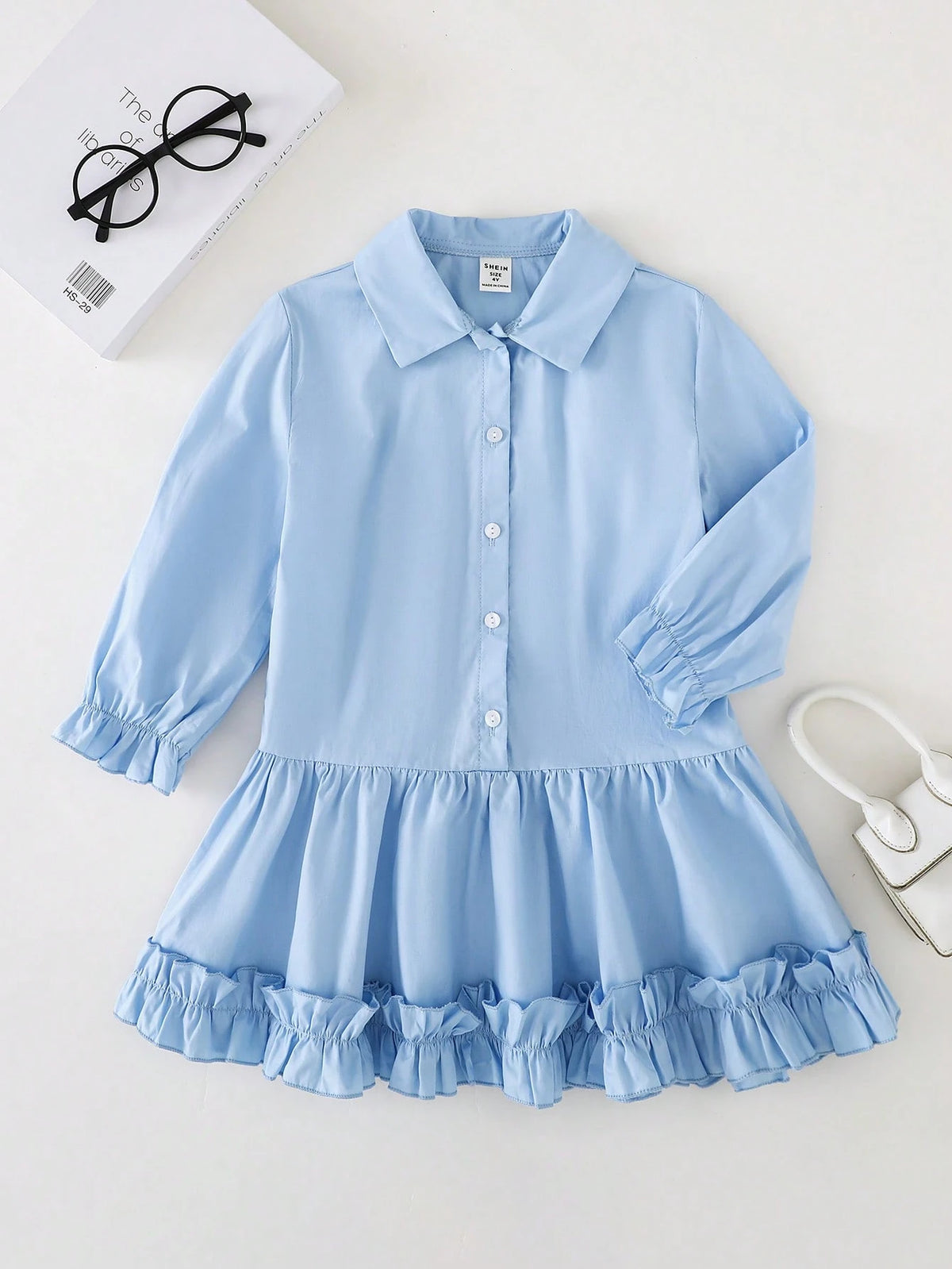 PrepCrw Young Girls Elegant Academic Blue Squirrel Embroidered Ruffle Hem Loose Front Patch Shirt Dress For Spring & Autumn