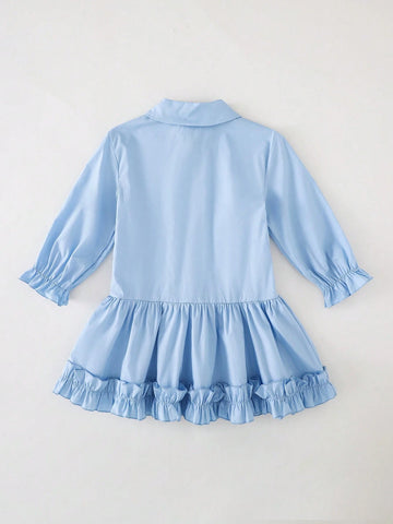 PrepCrw Young Girls Elegant Academic Blue Squirrel Embroidered Ruffle Hem Loose Front Patch Shirt Dress For Spring & Autumn