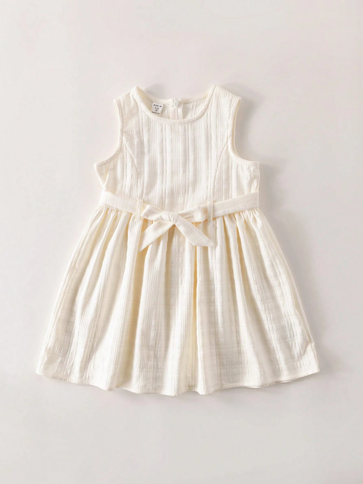 PrepCrw Young Girls Elegant Academic Style White Waist Belt Woven Drawstring A-Line Dress, Spring/Autumn