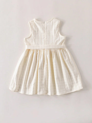 PrepCrw Young Girls Elegant Academic Style White Waist Belt Woven Drawstring A-Line Dress, Spring/Autumn