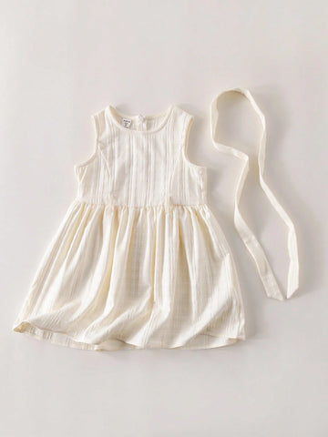 PrepCrw Young Girls Elegant Academic Style White Waist Belt Woven Drawstring A-Line Dress, Spring/Autumn