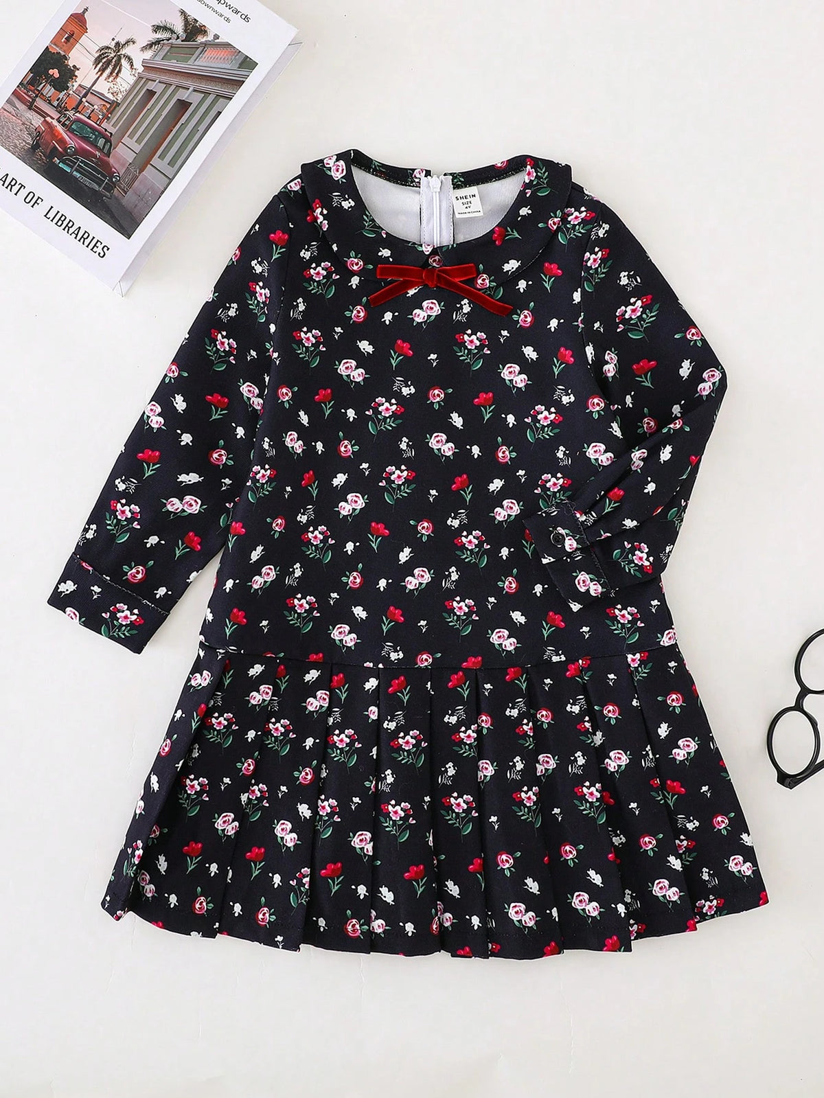 PrepCrw Young Girls Elegant Academy Style Navy Floral Woven Loose Dress, Autumn/Winter