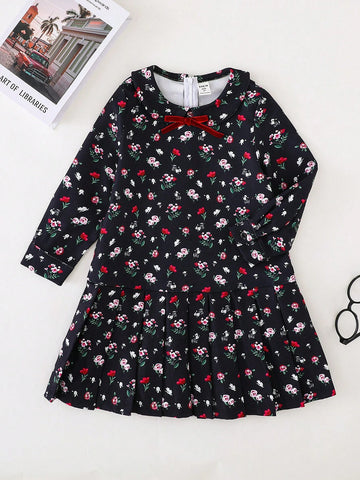 PrepCrw Young Girls Elegant Academy Style Navy Floral Woven Loose Dress, Autumn/Winter