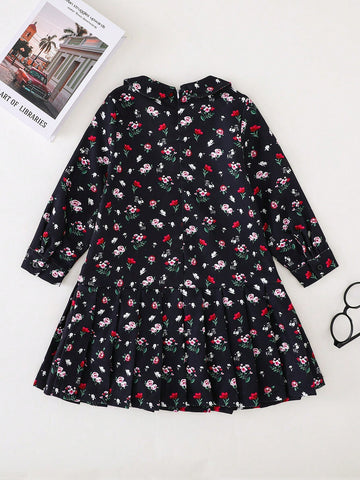 PrepCrw Young Girls Elegant Academy Style Navy Floral Woven Loose Dress, Autumn/Winter