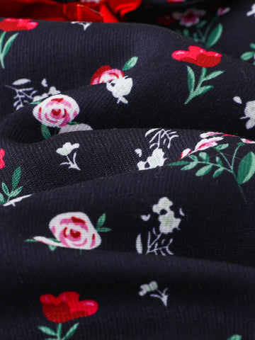 PrepCrw Young Girls Elegant Academy Style Navy Floral Woven Loose Dress, Autumn/Winter