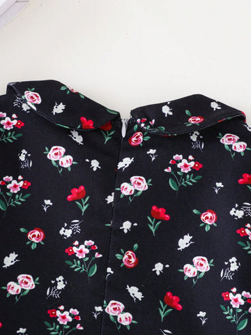 PrepCrw Young Girls Elegant Academy Style Navy Floral Woven Loose Dress, Autumn/Winter