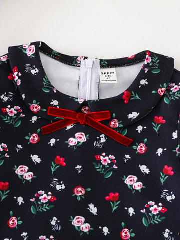 PrepCrw Young Girls Elegant Academy Style Navy Floral Woven Loose Dress, Autumn/Winter