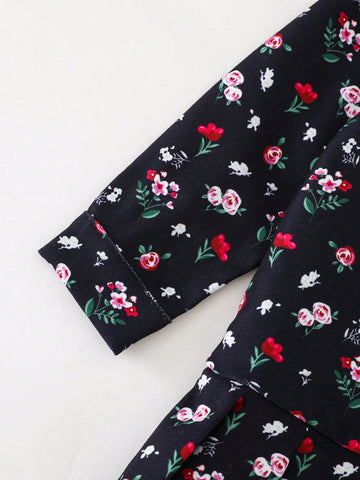 PrepCrw Young Girls Elegant Academy Style Navy Floral Woven Loose Dress, Autumn/Winter