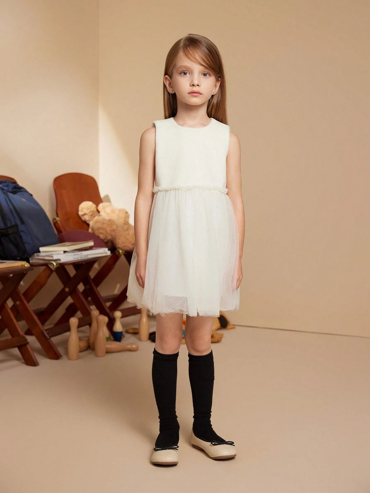 PrepCrw Young Girls Elegant And Sweet Beige Faux Wool & Mesh Panel Sleeveless Dress, Autumn/Winter