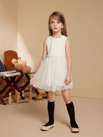 PrepCrw Young Girls Elegant And Sweet Beige Faux Wool & Mesh Panel Sleeveless Dress, Autumn/Winter