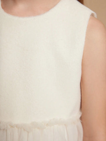 PrepCrw Young Girls Elegant And Sweet Beige Faux Wool & Mesh Panel Sleeveless Dress, Autumn/Winter